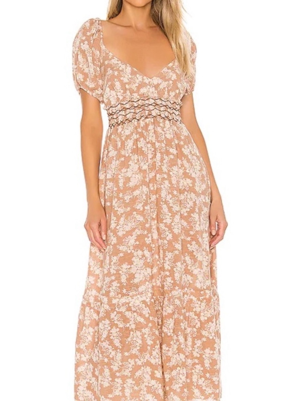 FREE PEOPLE "Ellie" Cream/Tan Floral Boho Puff Sleeve Maxi Dress, Size S, EUC